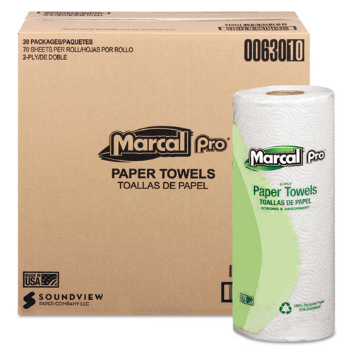 100% Premium Recycled Kitchen Roll Towels, 2-Ply, 11 x 9, White, 70/Roll, 30 Rolls/Carton-(MRC630)