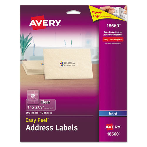 Matte Clear Easy Peel Mailing Labels w/ Sure Feed Technology, Inkjet Printers, 1 x 2.63, Clear, 30/Sheet, 10 Sheets/Pack-(AVE18660)