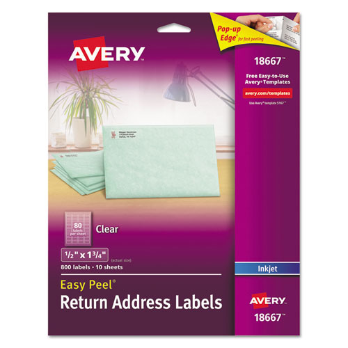 Matte Clear Easy Peel Mailing Labels w/ Sure Feed Technology, Inkjet Printers, 0.5 x 1.75, Clear, 80/Sheet, 10 Sheets/Pack-(AVE18667)