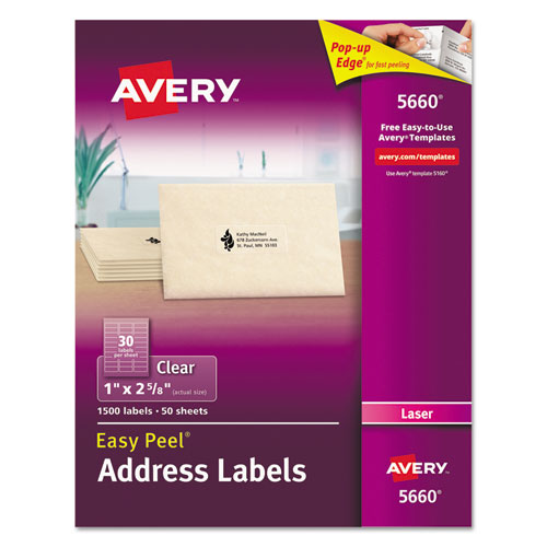 Matte Clear Easy Peel Mailing Labels w/ Sure Feed Technology, Laser Printers, 1 x 2.63, Clear, 30/Sheet, 50 Sheets/Box-(AVE5660)