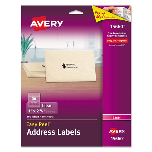 Matte Clear Easy Peel Mailing Labels w/ Sure Feed Technology, Laser Printers, 1 x 2.63, Clear, 30/Sheet, 10 Sheets/Pack-(AVE15660)