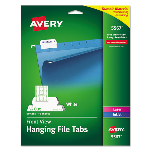 Laser Printable Hanging File Tabs, 1/5-Cut, White, 2.06" Wide, 90/Pack-(AVE5567)