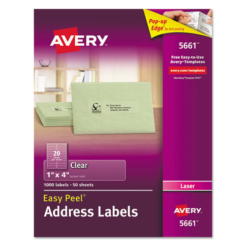 Matte Clear Easy Peel Mailing Labels w/ Sure Feed Technology, Laser Printers, 1 x 4, Clear, 20/Sheet, 50 Sheets/Box-(AVE5661)