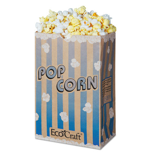 EcoCraft Grease-Resistant Popcorn Bags, 85 oz, 2-ply, 3.25" x 8.63", Blue Stripe/Natural, 500/Carton-(BGC300612)