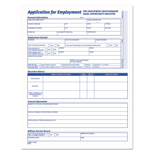 Comprehensive Employee Application Form, One-Part (No Copies), 17 x 11, 25 Forms Total-(TOP3288)