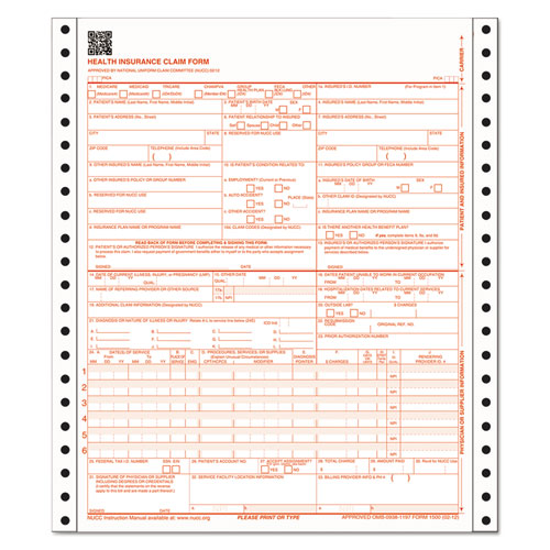 CMS Health Insurance Claim Form, Three-Part Carbonless, 9.5 x 11, 100 Forms Total-(ABFCMS1500CV)