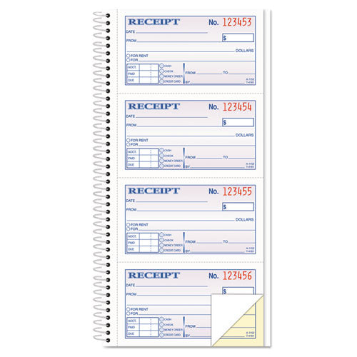 Spiralbound Money and Rent Receipt Book, Two-Part Carbonless, 4.75 x 2.75, 4 Forms/Sheet, 200 Forms Total-(TOP4161)