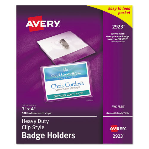 Heavy-Duty Clip-Style Badge Holders, Horizontal, 4 x 3, Clear, 100/Box-(AVE2923)