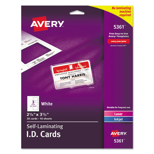 Laminated Laser/Inkjet ID Cards, 2 1/4 x 3 1/2, White, 30/Box-(AVE5361)