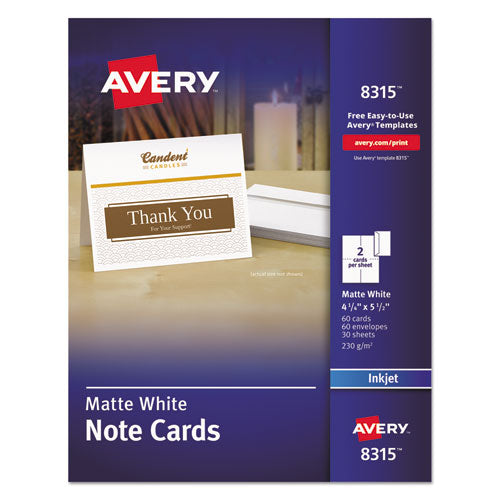 Note Cards with Matching Envelopes, Inkjet, 85 lb, 4.25 x 5.5, Matte White, 60 Cards, 2 Cards/Sheet, 30 Sheets/Pack-(AVE8315)