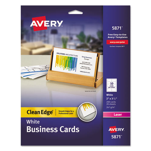 Clean Edge Business Cards, Laser, 2 x 3.5, White, 200 Cards, 10 Cards/Sheet, 20 Sheets/Pack-(AVE5871)