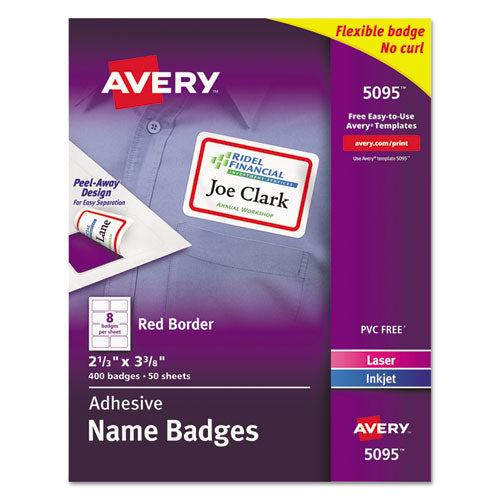 Flexible Adhesive Name Badge Labels, 3.38 x 2.33, White/Red Border, 400/Box-(AVE5095)