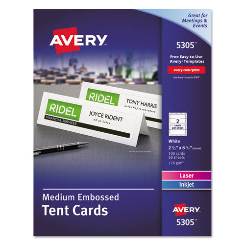 Medium Embossed Tent Cards, White, 2.5 x 8.5, 2 Cards/Sheet, 50 Sheets/Box-(AVE5305)