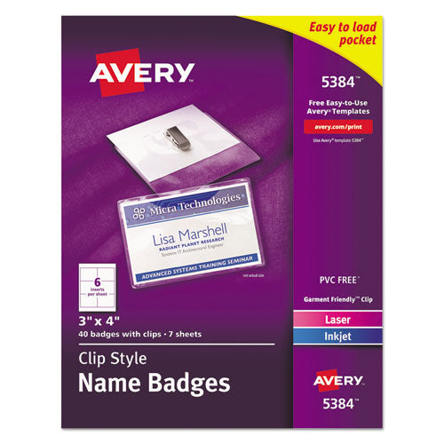 Clip-Style Name Badge Holder with Laser/Inkjet Insert, Top Load, 4 x 3, White, 40/Box-(AVE5384)