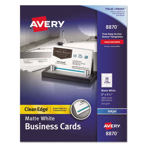 True Print Clean Edge Business Cards, Inkjet, 2 x 3.5, White, 1,000 Cards, 10 Cards/Sheet, 100 Sheets/Box-(AVE8870)