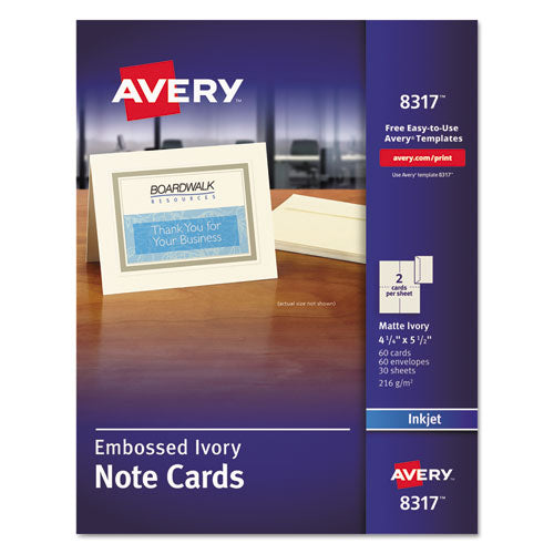 Note Cards with Matching Envelopes, Inkjet, 80 lb, 4.25 x 5.5, Embossed Matte Ivory, 60 Cards, 2 Cards/Sheet, 30 Sheets/Pack-(AVE8317)