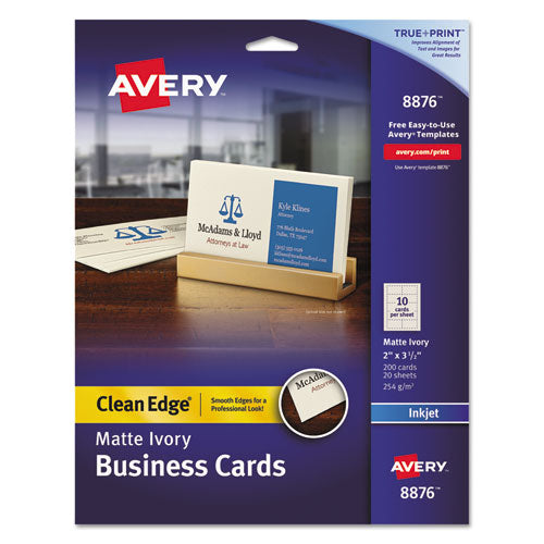 True Print Clean Edge Business Cards, Inkjet, 2 x 3.5, Ivory, 200 Cards, 10 Cards Sheet, 20 Sheets/Pack-(AVE8876)