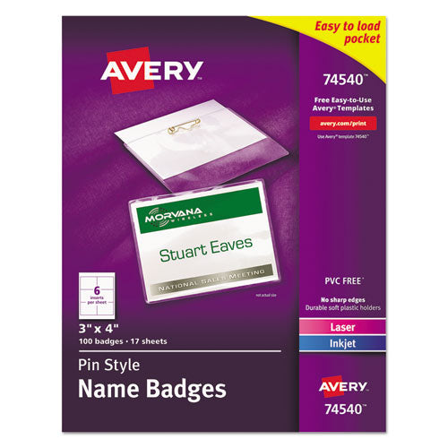 Pin-Style Badge Holder with Laser/Inkjet Insert, Top Load, 4 x 3, White, 100/Box-(AVE74540)