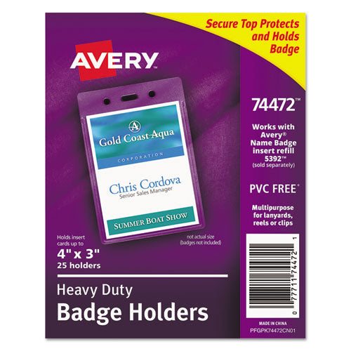 Secure Top Heavy-Duty Badge Holders, Vertical, 3w x 4h, Clear, 25/Pack-(AVE74472)