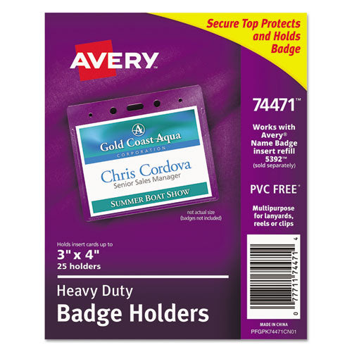 Secure Top Heavy-Duty Badge Holders, Horizontal, 4w x 3h, Clear, 25/Pack-(AVE74471)
