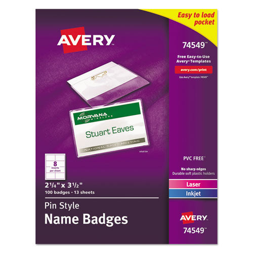 Pin-Style Badge Holder with Laser/Inkjet Insert, Top Load, 3.5 x 2.25, White, 100/Box-(AVE74549)
