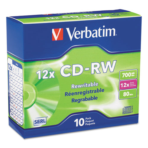 CD-RW High-Speed Rewritable Disc, 700 MB/80 min, 12x, Slim Jewel Case, Silver, 10/Pack-(VER95156)