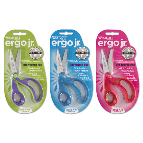 Ergo Jr. Kids Scissors, Pointed Tip, 5" Long, 1.5" Cut Length, Randomly Assorted Straight Handles-(ACM16671)