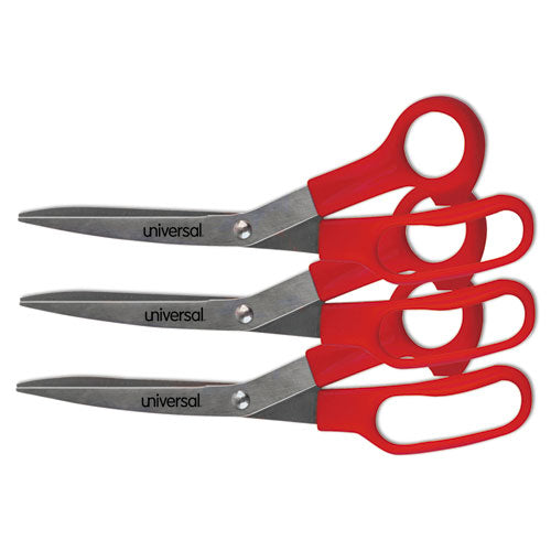General Purpose Stainless Steel Scissors, 7.75" Long, 3" Cut Length, Red Offset Handles, 3/Pack-(UNV92019)