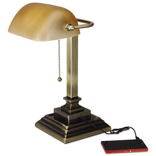 Traditional Bankers Lamp with USB, 10w x 10d x 15h, Antique Brass-(ALELMP517AB)