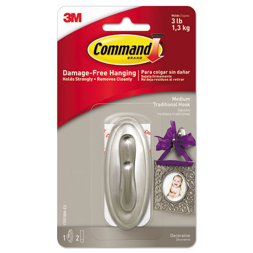 Decorative Hooks, Traditional, Medium, Plastic, Brushed Nickel, 3 lb Capacity, 1 Hook and 2 Strips/Pack-(MMM17051BNES)