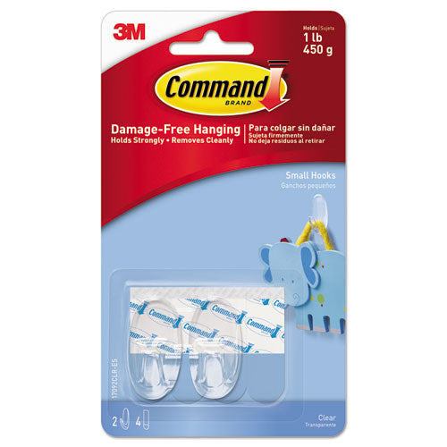 Clear Hooks and Strips, Small, Plastic, 1 lb Capacity, 2 Hooks and 4 Strips/Pack-(MMM17092CLRES)