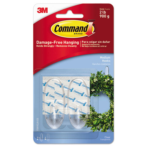 Clear Hooks and Strips, Medium, Plastic, 2 lb Capacity, 2 Hooks and 4 Strips/Pack-(MMM17091CLRES)