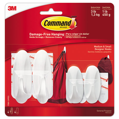General Purpose Designer Hooks, Small/Medium, Plastic, White, 1lb and 3 lb Capacities, 4 Hooks and 4 Strips/Pack-(MMM170812VPES)