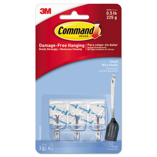 Clear Hooks and Strips, Small, Plastic/Metal, 0.5 lb Capacity, 3 Hooks and 4 Strips/Pack-(MMM17067CLRES)