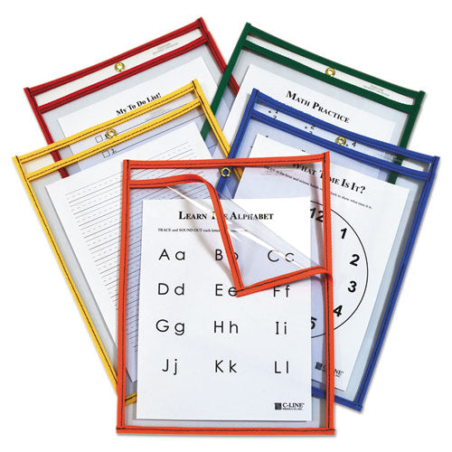 Reusable Dry Erase Pockets, Easy Load, 9 x 12, Assorted Primary Colors, 25/Pack-(CLI42620)