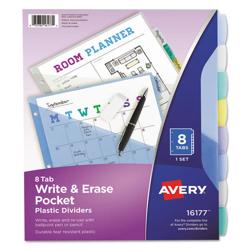 Write and Erase Durable Plastic Dividers with Slash Pocket, 3-Hold Punched, 8-Tab, 11.13 x 9.25, Assorted, 1 Set-(AVE16177)
