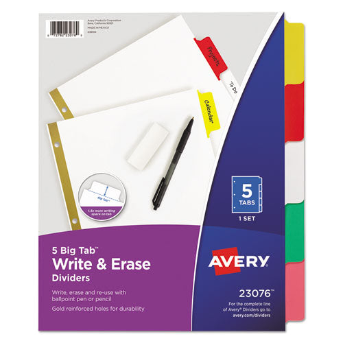 Write and Erase Big Tab Paper Dividers, 5-Tab, 11 x 8.5, White, Assorted Tabs, 1 Set-(AVE23076)