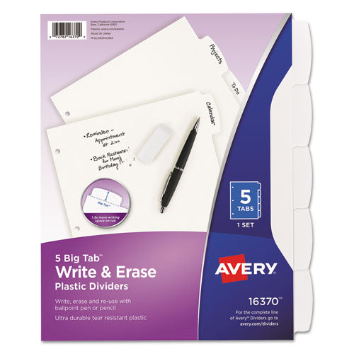 Write and Erase Big Tab Durable Plastic Dividers, 3-Hole Punched, 5-Tab, 11 x 8.5, White, 1 Set-(AVE16370)
