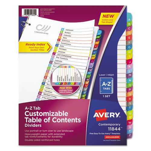Customizable TOC Ready Index Multicolor Tab Dividers, 26-Tab, A to Z, 11 x 8.5, White, Contemporary Color Tabs, 1 Set-(AVE11844)