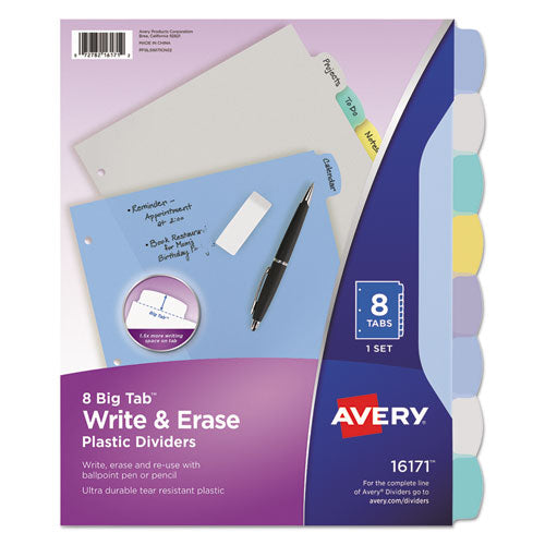 Write and Erase Big Tab Durable Plastic Dividers, 3-Hole Punched, 8-Tab, 11 x 8.5, Assorted, 1 Set-(AVE16171)