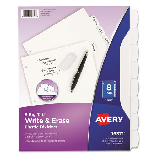 Write and Erase Big Tab Durable Plastic Dividers, 3-Hole Punched, 8-Tab, 11 x 8.5, White, 1 Set-(AVE16371)