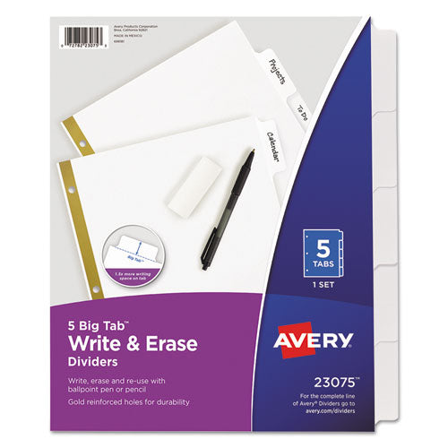 Write and Erase Big Tab Paper Dividers, 5-Tab, 11 x 8.5, White, White Tabs, 1 Set-(AVE23075)