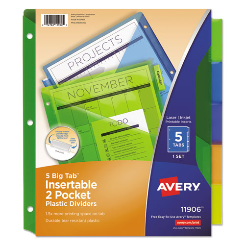 Insertable Big Tab Plastic 2-Pocket Dividers, 5-Tab, 11.13 x 9.25, Assorted, 1 Set-(AVE11906)