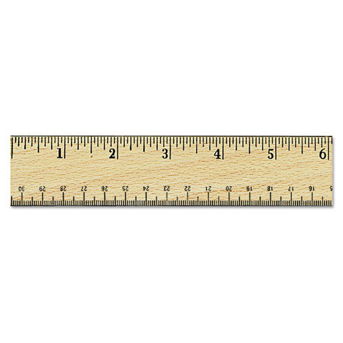 Flat Wood Ruler w/Double Metal Edge, Standard, 12" Long, Clear Lacquer Finish-(UNV59021)
