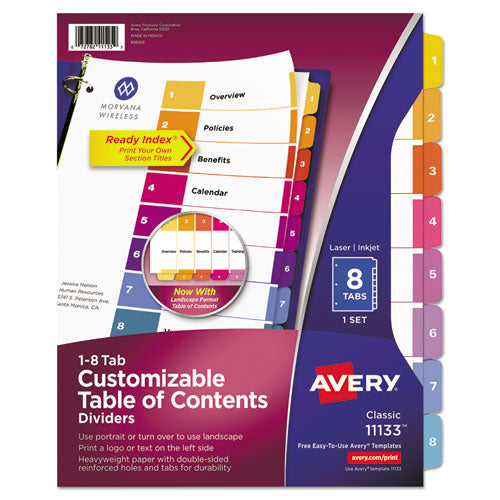 Customizable TOC Ready Index Multicolor Tab Dividers, 8-Tab, 1 to 8, 11 x 8.5, White, Traditional Color Tabs, 1 Set-(AVE11133)