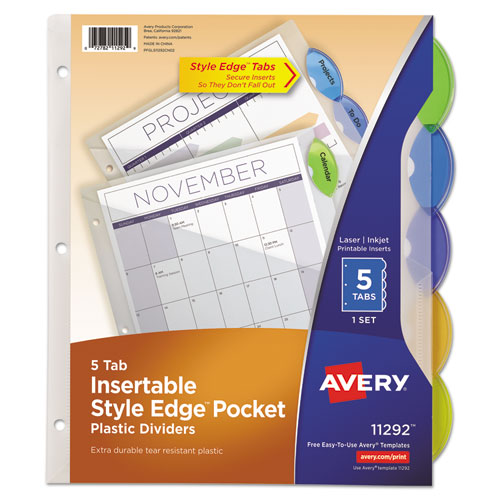 Insertable Style Edge Tab Plastic 1-Pocket Dividers, 5-Tab, 11.25 x 9.25, Translucent, 1 Set-(AVE11292)