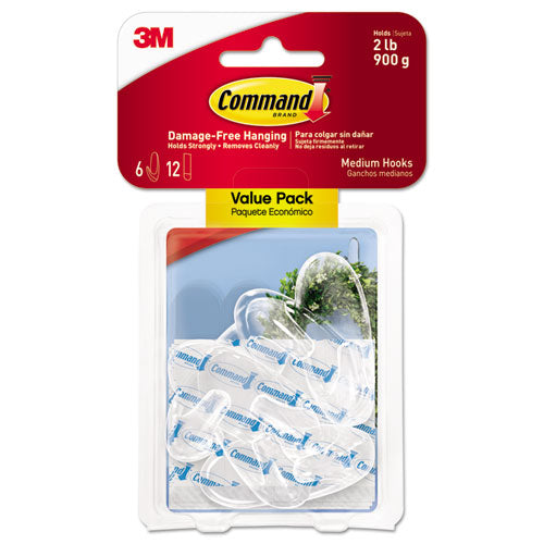 Clear Hooks and Strips, Medium, Plastic, 2 lb Capacity, 6 Hooks and 12 Strips/Pack-(MMM17091CLR6ES)