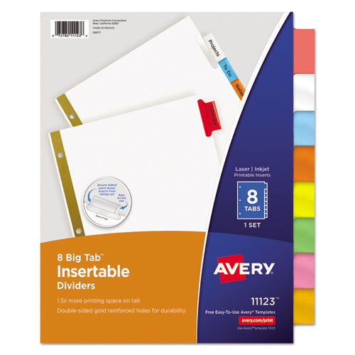 Insertable Big Tab Dividers, 8-Tab, Double-Sided Gold Edge Reinforcing, 11 x 8.5, White, Assorted Tabs, 1 Set-(AVE11123)