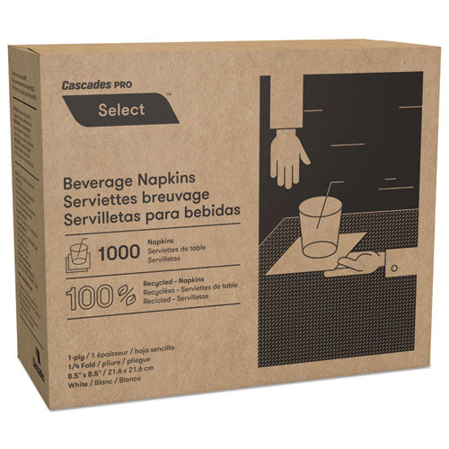 Select Beverage Napkins, 1 Ply, 8.5 x 8.5, White, 1,000/Pack, 4 Packs/Carton-(CSDN010)