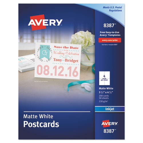 Printable Postcards, Inkjet, 85 lb, 4.25 x 5.5, Matte White, 200 Cards, 4 Cards/Sheet, 50 Sheets/Box-(AVE8387)